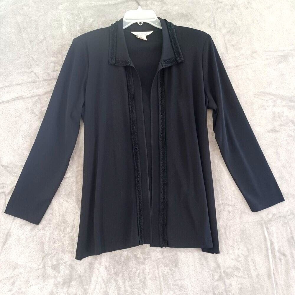 Misook Lg Jacket Cardigan Open Collared Black Fringe Liquid Knit Travel Office